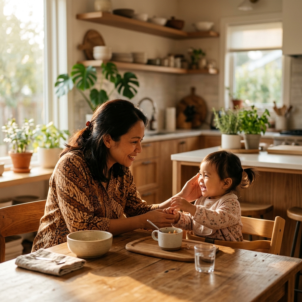 Ibu Indonesia sedang menyuapi balita yang mengalami Gerakan Tutup Mulut (GTM)